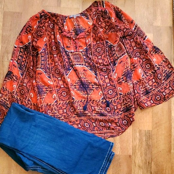 Miss Me Womans‎ Coral Tribal Boho Semi Sheer Top Size Medium - Picture 2 of 12